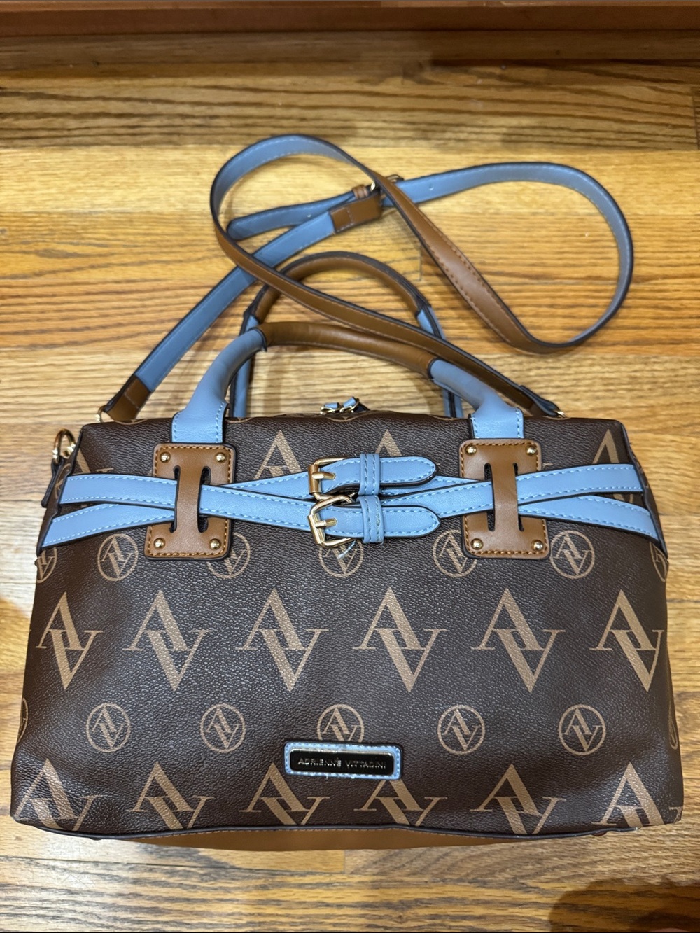 Adrienne Vittadini Brown Satchel with Sky Blue Trim - Picture 3 of 11